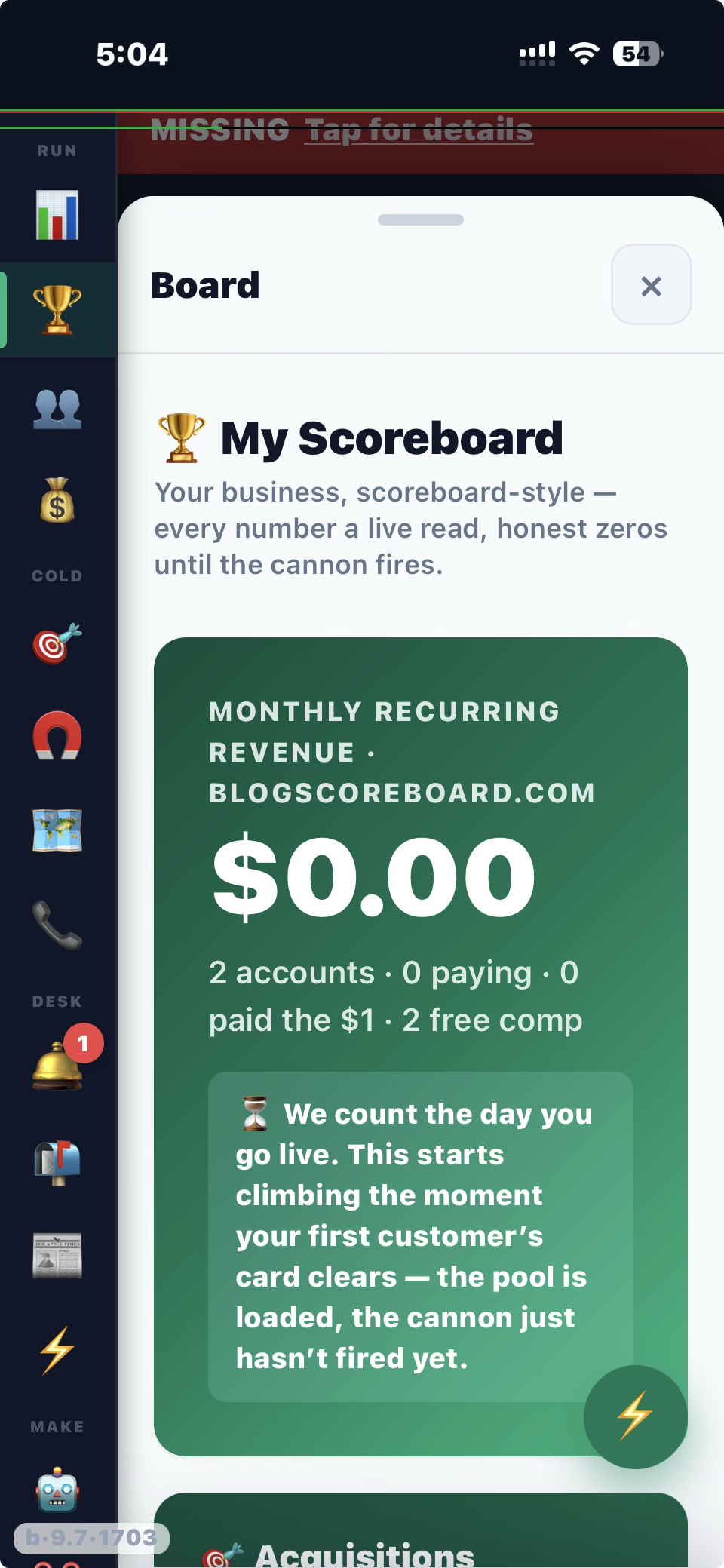 My Scoreboard — monthly recurring revenue reading zero dollars, two accounts, none paying